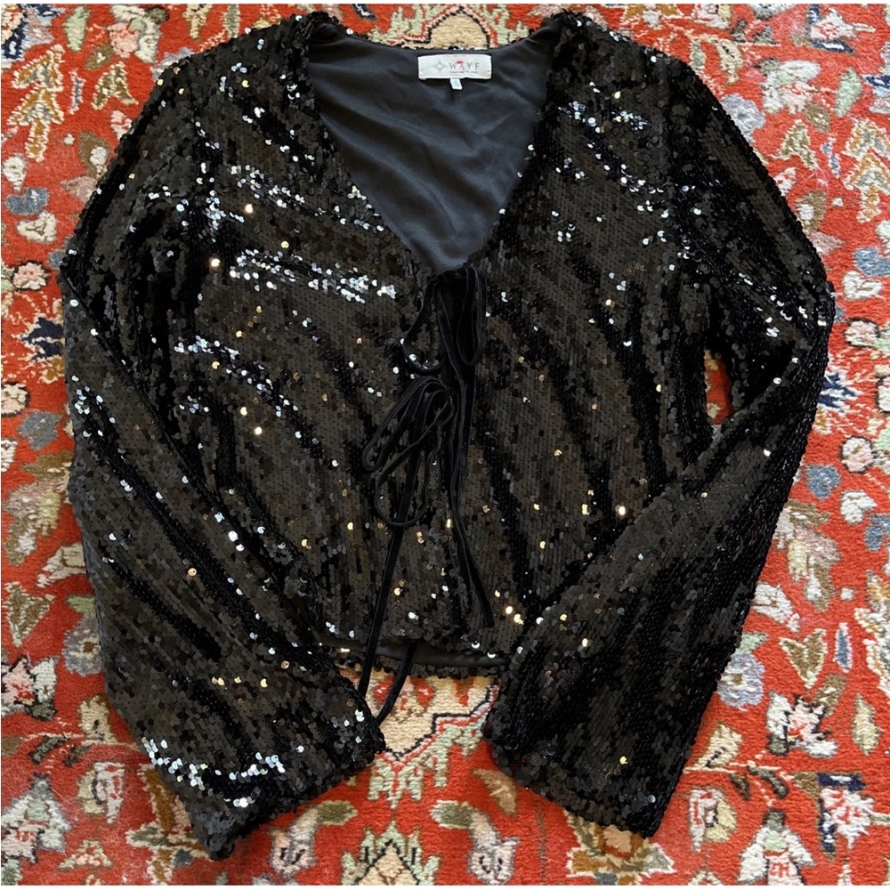 WAYF Black Sequin Double Velvet Tie-Front Long-Sleeve Lined Cropped Top Small